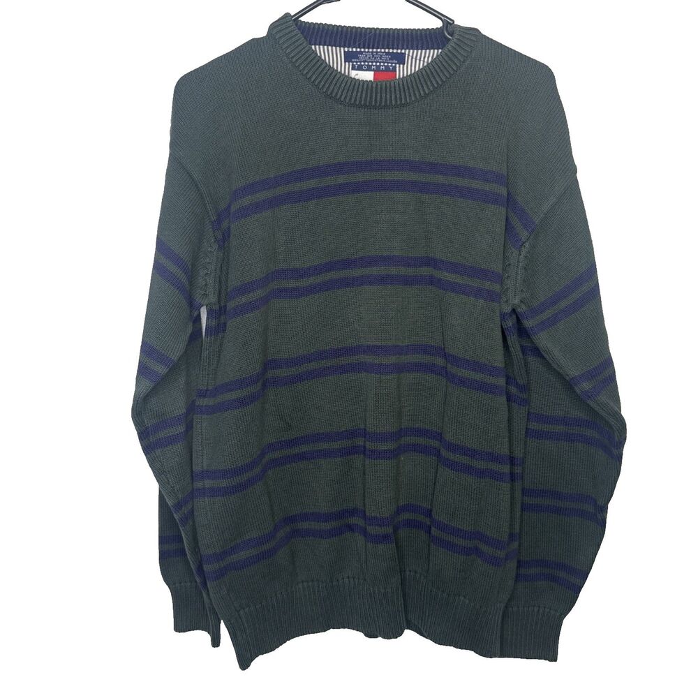 Vintage Tommy Hilfiger Sweater Mens Size M Green Blue Striped Cotton Knit Vtg